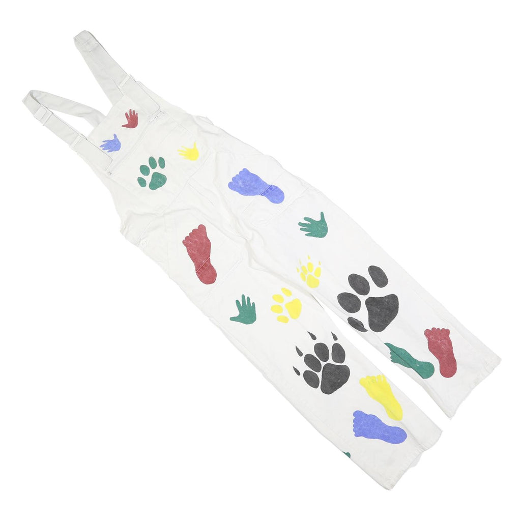 Womens White Cotton Blend Dungarees Loose Fit Plain S W30 L27 Printed Hand Paw
