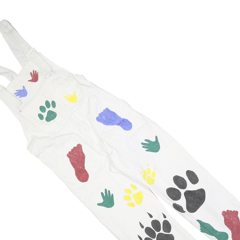 Womens White Cotton Blend Dungarees Loose Fit Plain S W30 L27 Printed Hand Paw