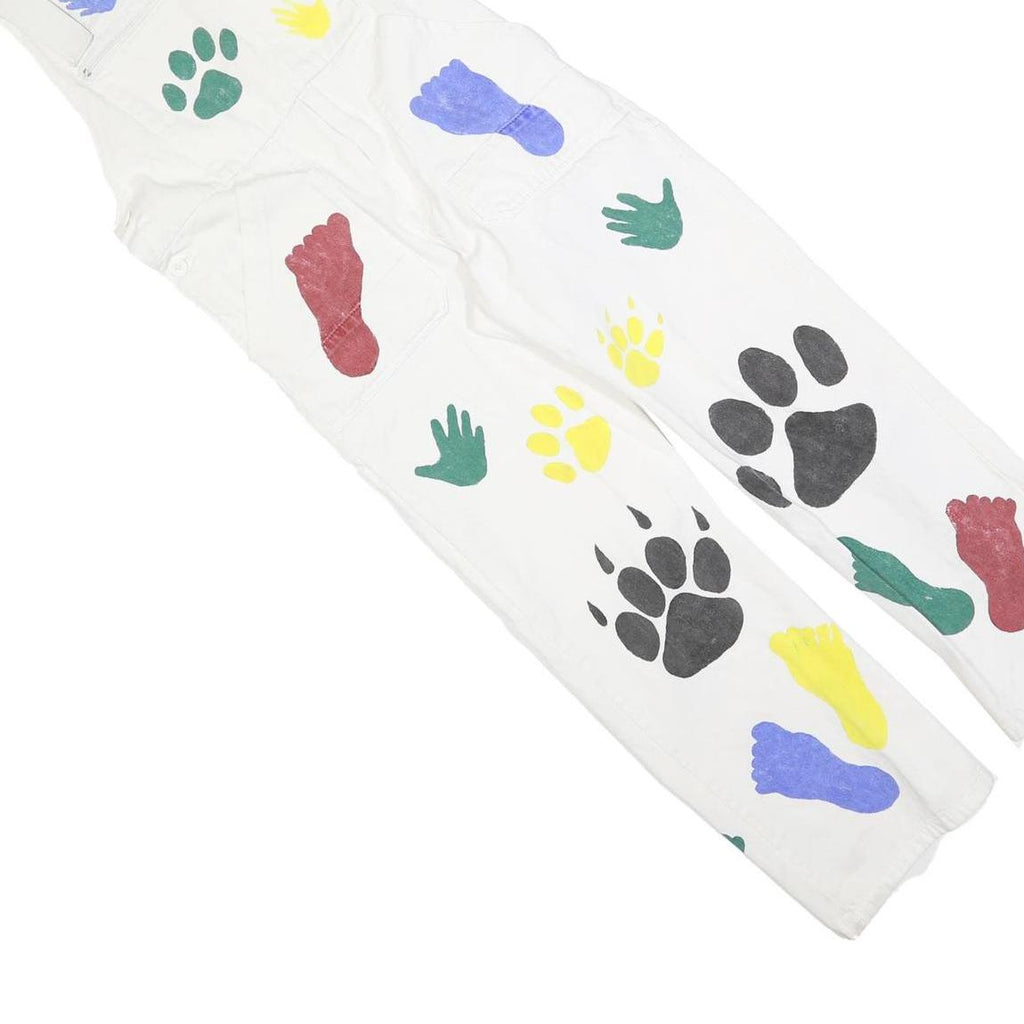 Womens White Cotton Blend Dungarees Loose Fit Plain S W30 L27 Printed Hand Paw
