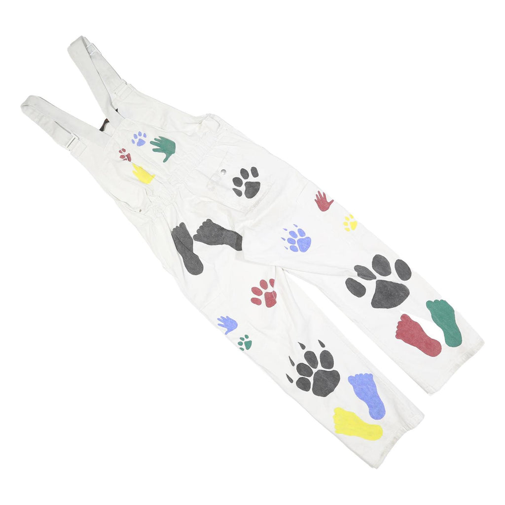 Womens White Cotton Blend Dungarees Loose Fit Plain S W30 L27 Printed Hand Paw