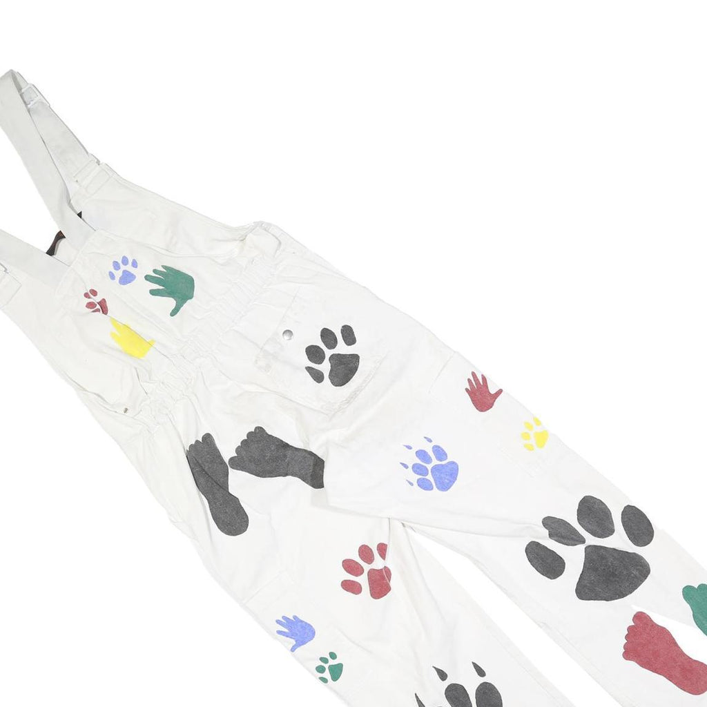 Womens White Cotton Blend Dungarees Loose Fit Plain S W30 L27 Printed Hand Paw