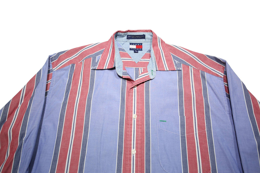 TOMMY HILFIGER Mens Blue & Red Striped Shirt L Cotton Button Down Casual