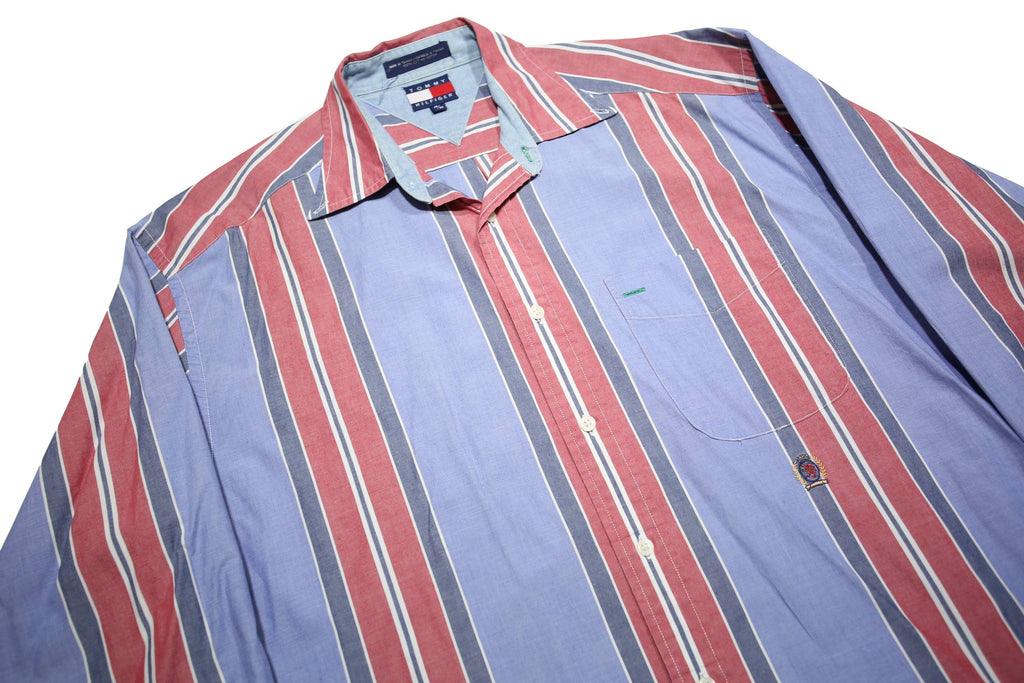 TOMMY HILFIGER Mens Blue & Red Striped Shirt L Cotton Button Down Casual