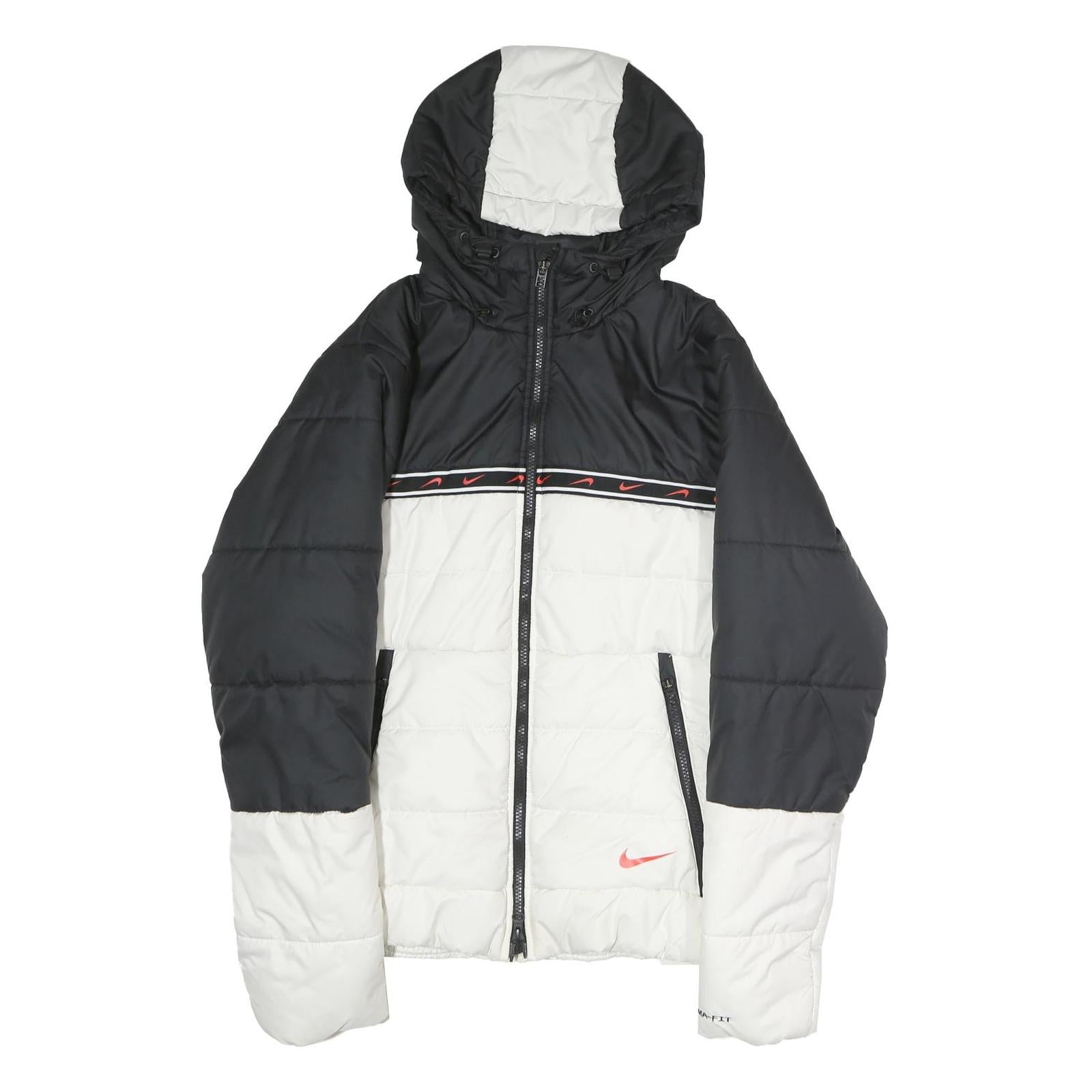 NIKE Mens Black & White Zip Up Puffer Jacket S Polyester Therma-Fit Hooded