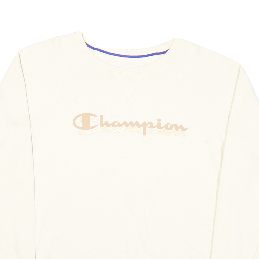 CHAMPION Womens White Cotton Blend Crew Neck Sweatshirt L Classic Logo Print
