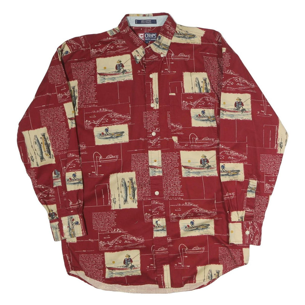 CHAPS Mens Red & Beige Pattern Cotton Shirt M Button-Down Casual Long Sleeve