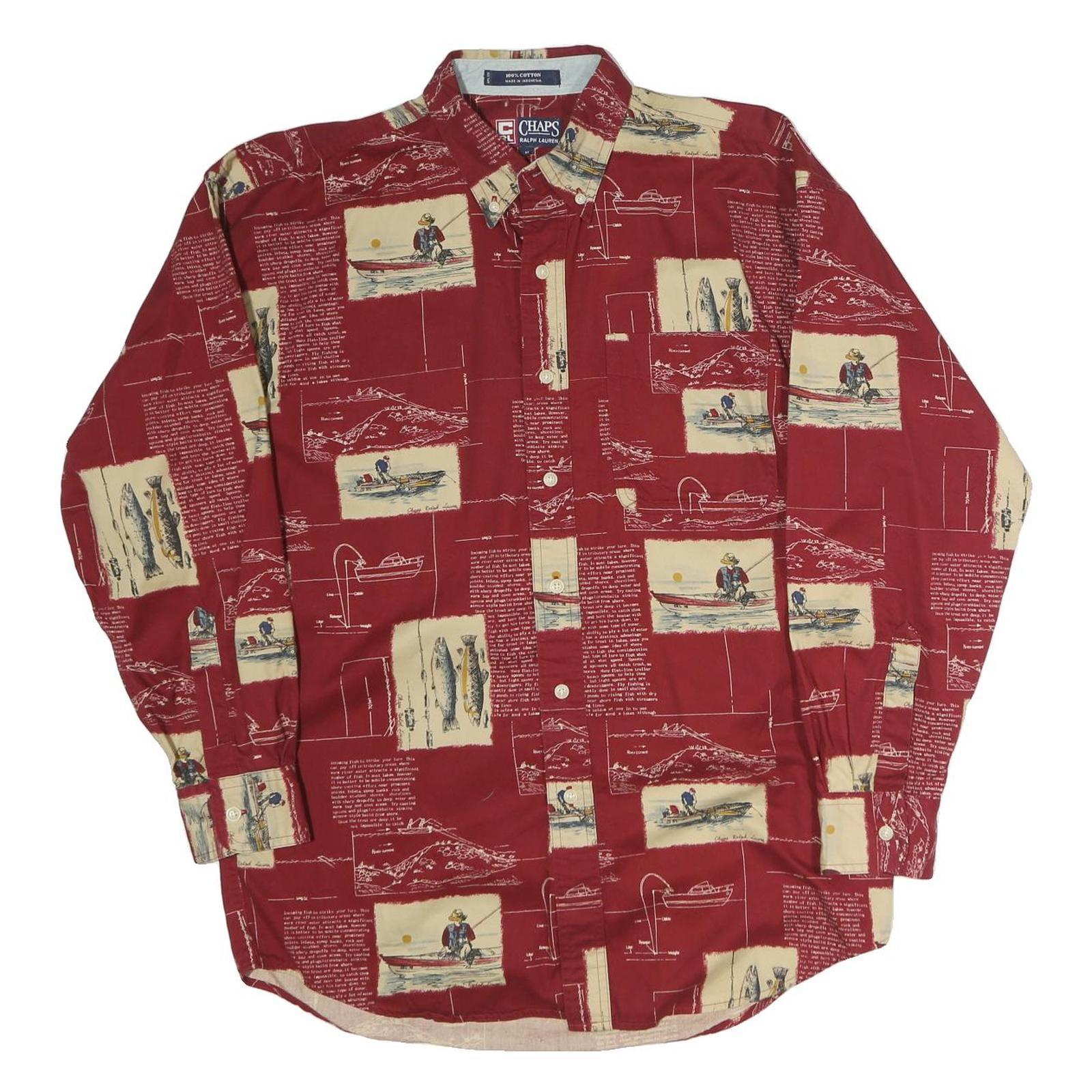 CHAPS Mens Red & Beige Pattern Cotton Shirt M Button-Down Casual Long Sleeve
