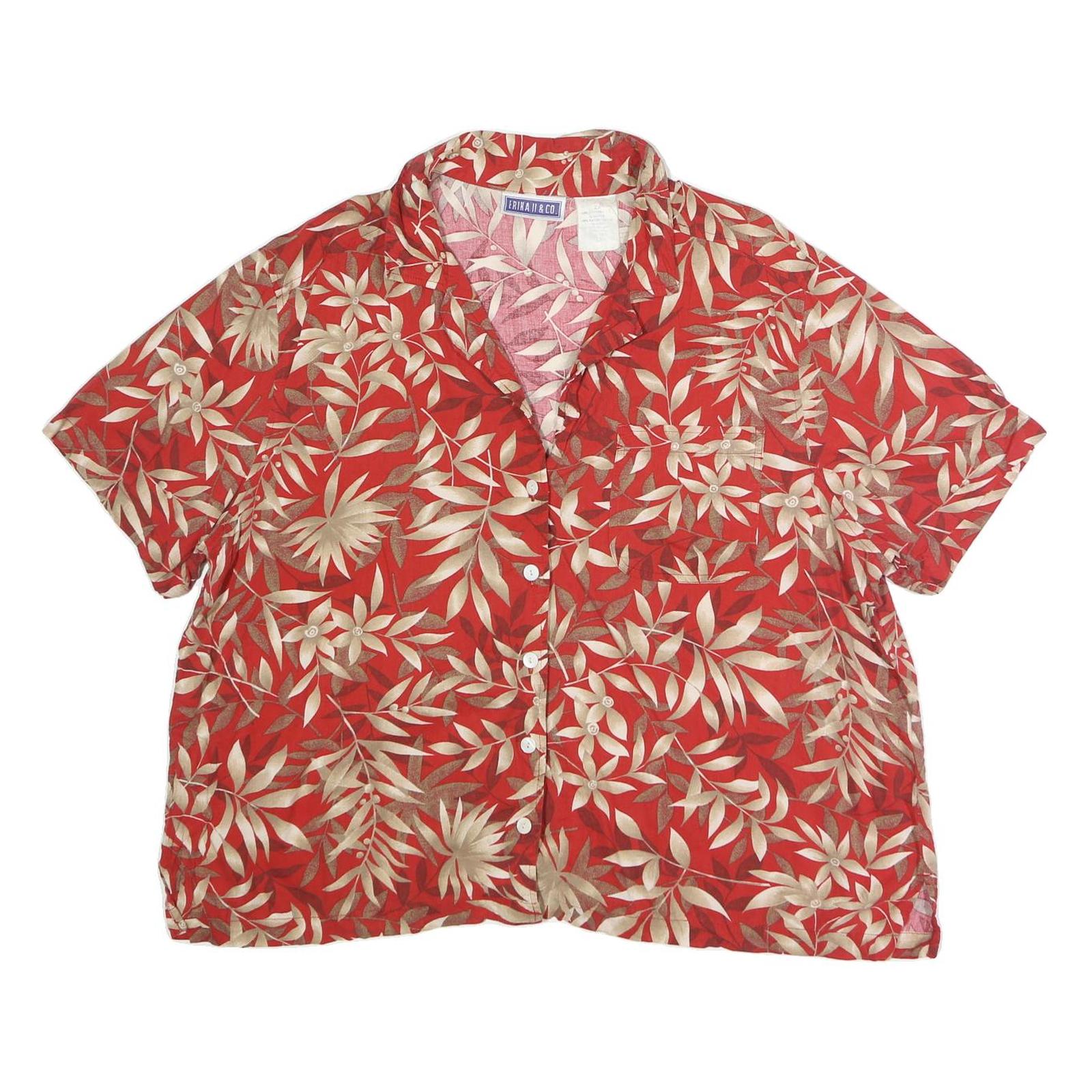 ERIKA Womens Red Cream Floral Print Shirt Short Sleeve Collared 2XL Cotton Blend