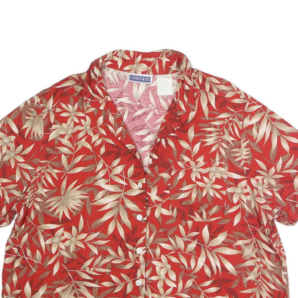 ERIKA Womens Red Cream Floral Print Shirt Short Sleeve Collared 2XL Cotton Blend