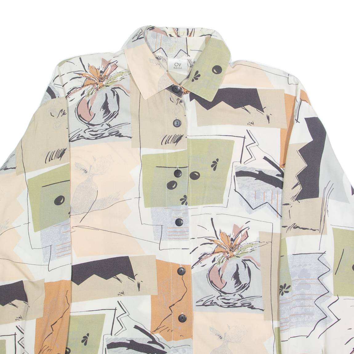 CV Womens Printed Blouse Beige Collared Long Sleeve Floral XL