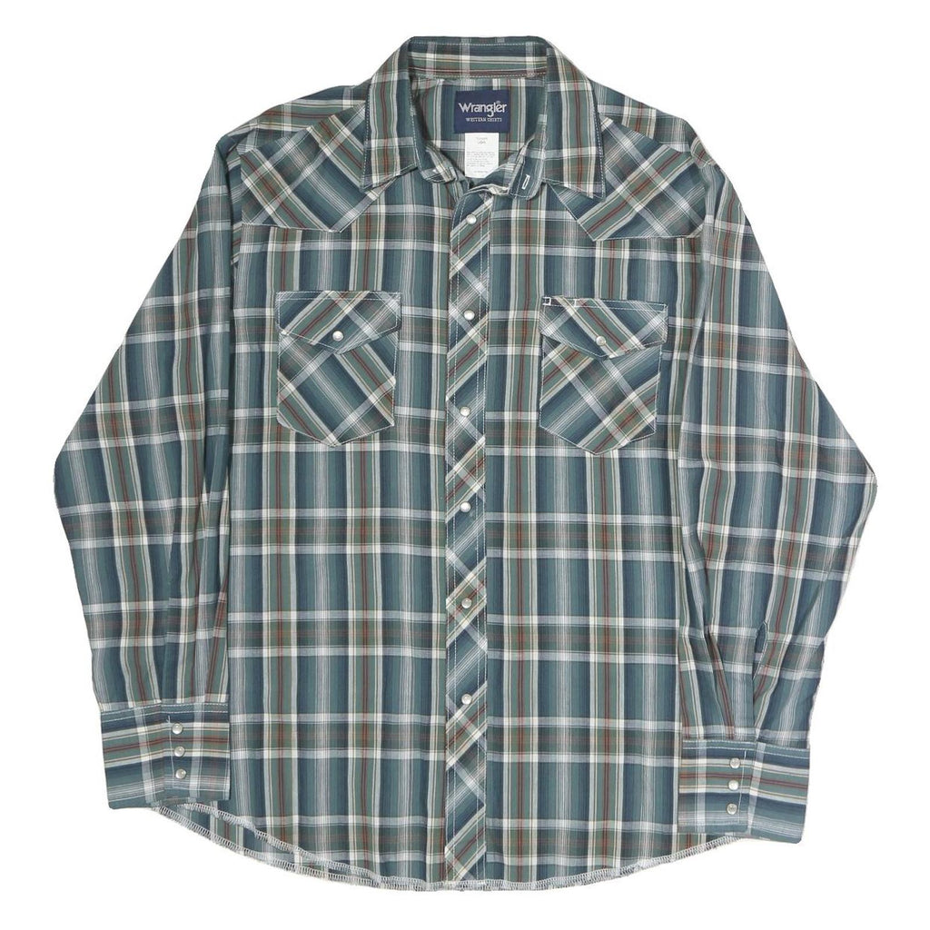 WRANGLER Mens Blue Green & Brown Plaid Western Shirt L Long Sleeve Cotton Casual