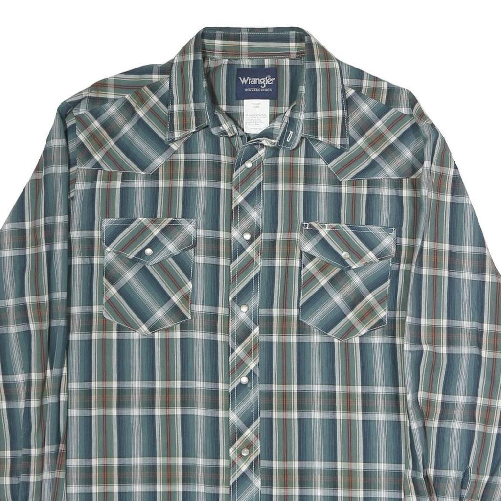 WRANGLER Mens Blue Green & Brown Plaid Western Shirt L Long Sleeve Cotton Casual