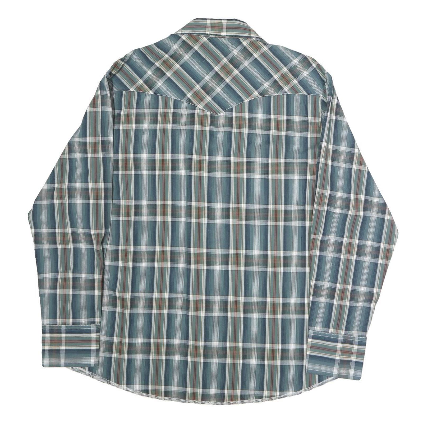WRANGLER Mens Blue Green & Brown Plaid Western Shirt L Long Sleeve Cotton Casual