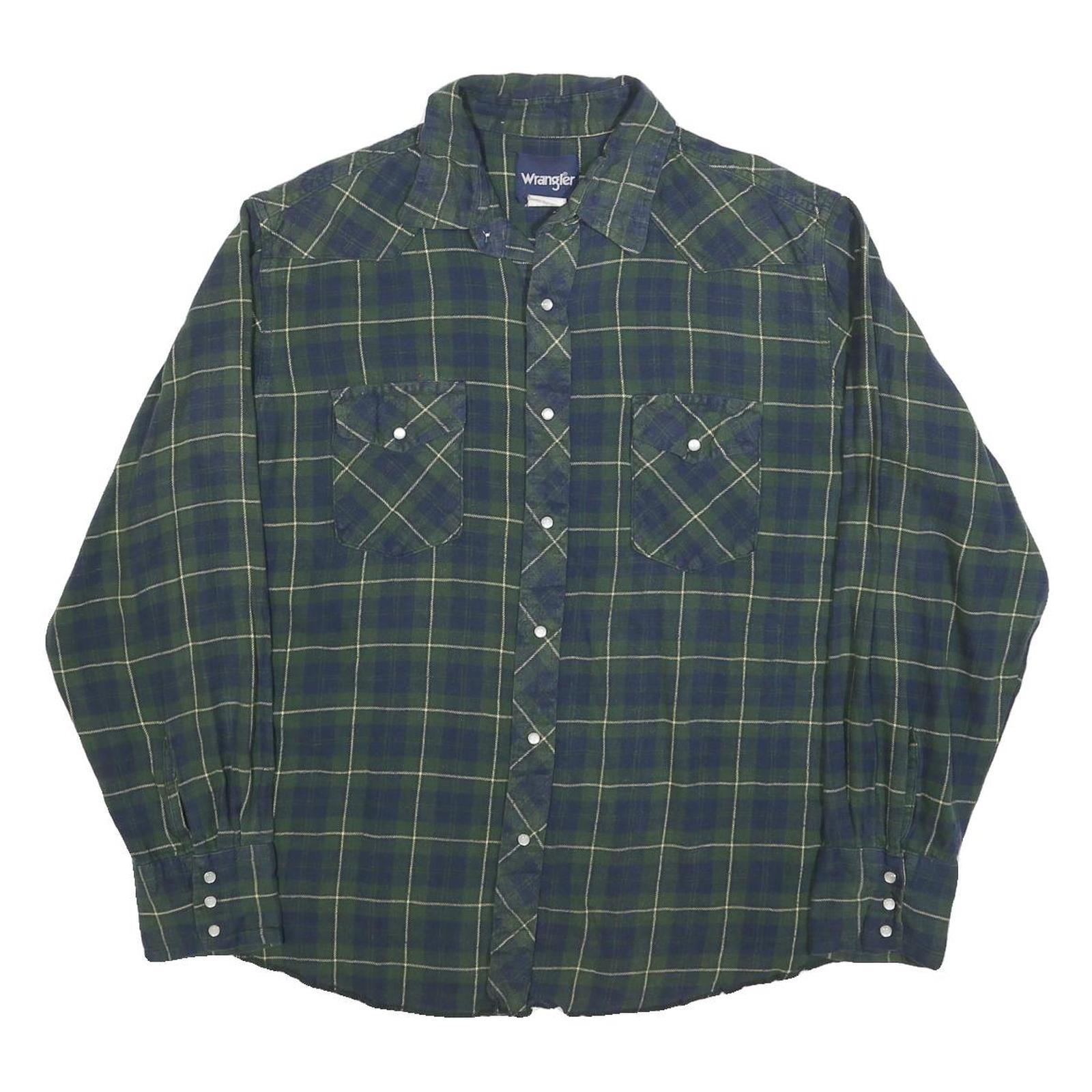 WRANGLER Mens Green & Blue Checked Shirt L Cotton Blend Casual Long Sleeve
