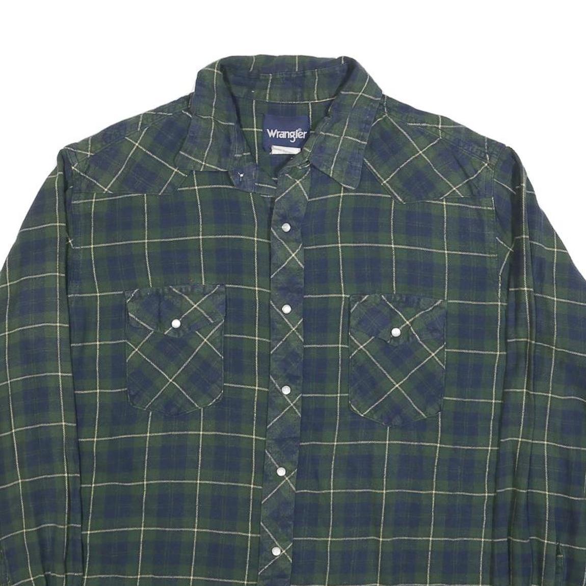 WRANGLER Mens Green & Blue Checked Shirt L Cotton Blend Casual Long Sleeve