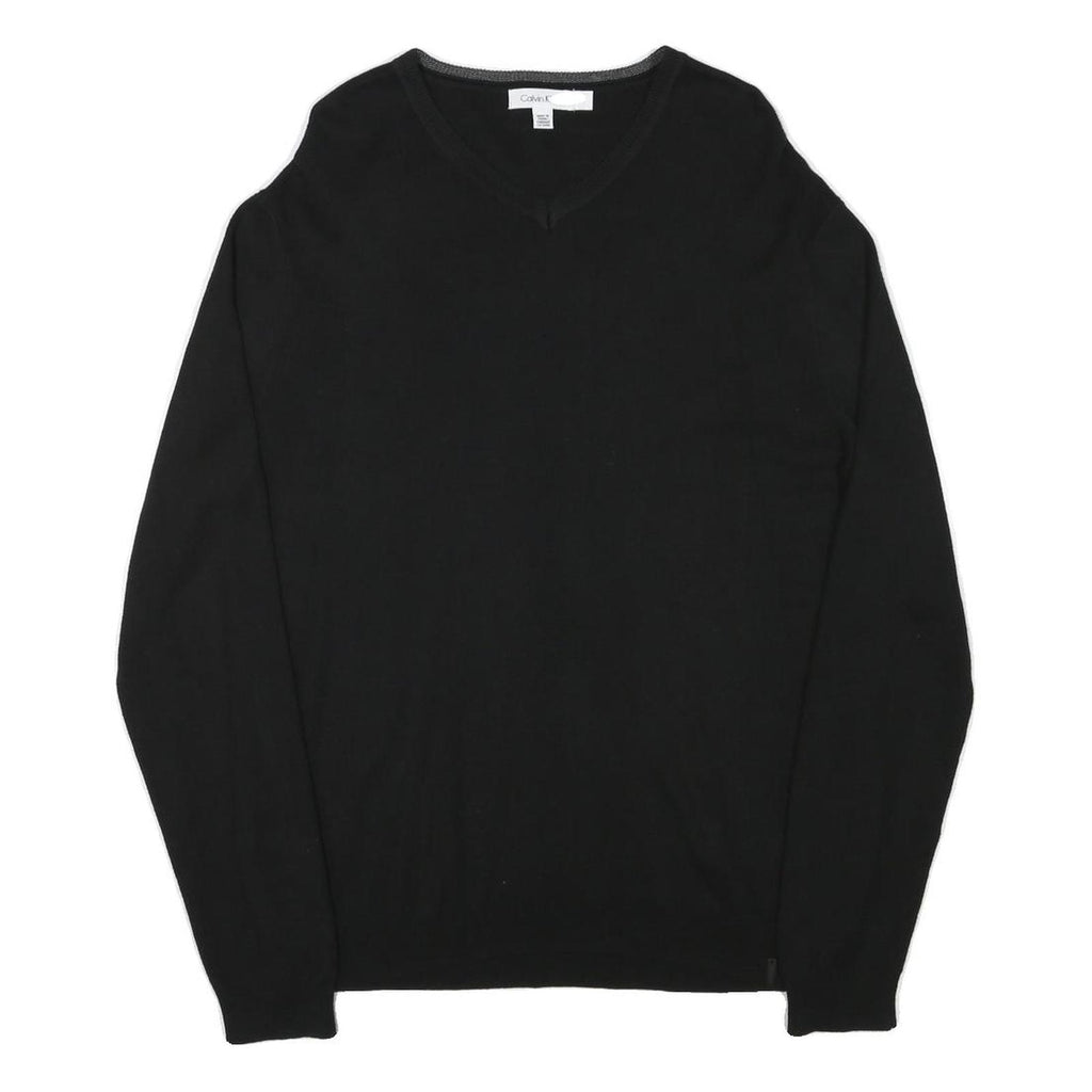 CALVIN KLEIN Mens Black Plain V-Neck Basic Knit Jumper L Cotton Blend Soft