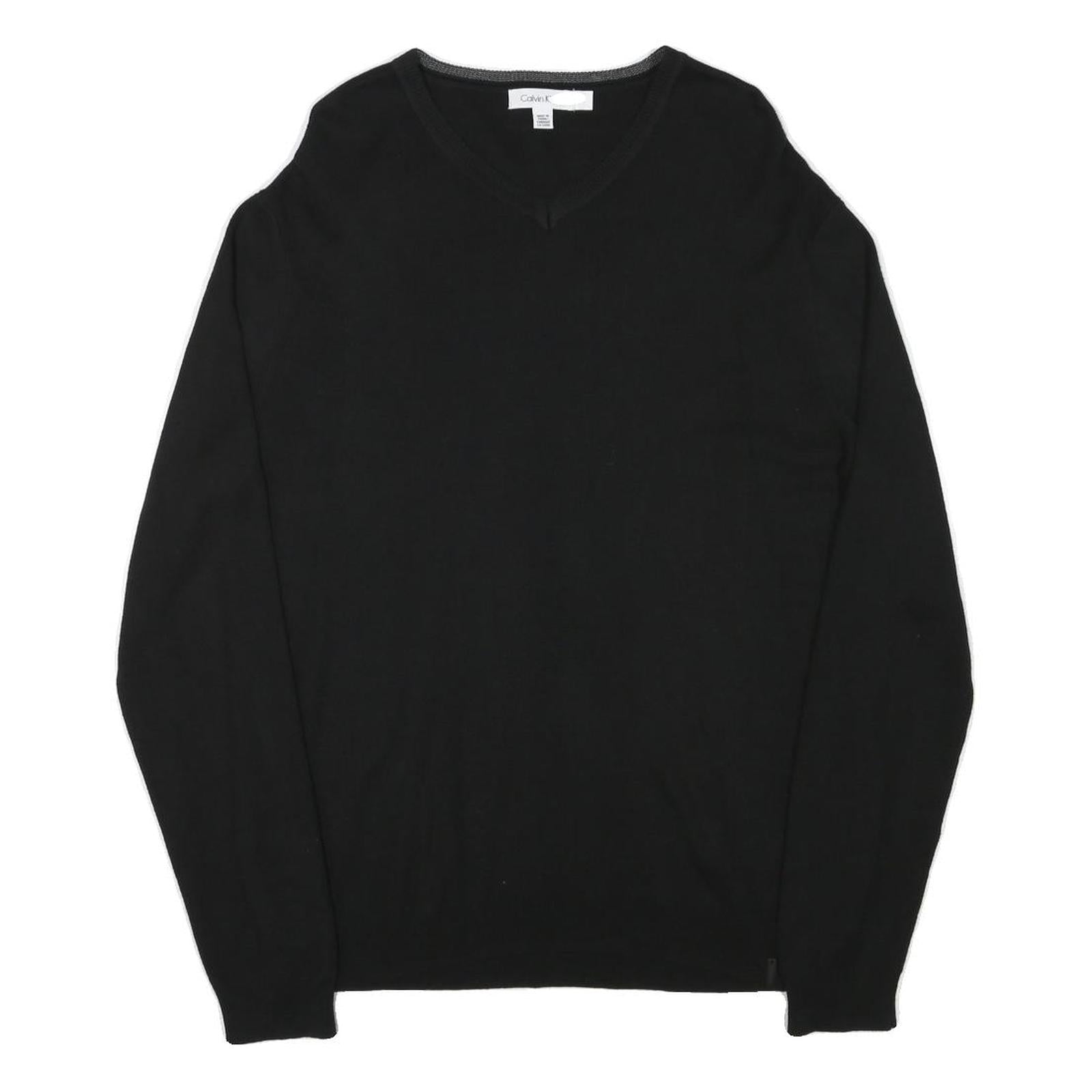 CALVIN KLEIN Mens Black Plain V-Neck Basic Knit Jumper L Cotton Blend Soft