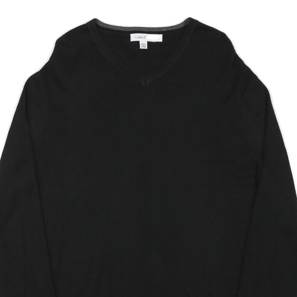 CALVIN KLEIN Mens Black Plain V-Neck Basic Knit Jumper L Cotton Blend Soft