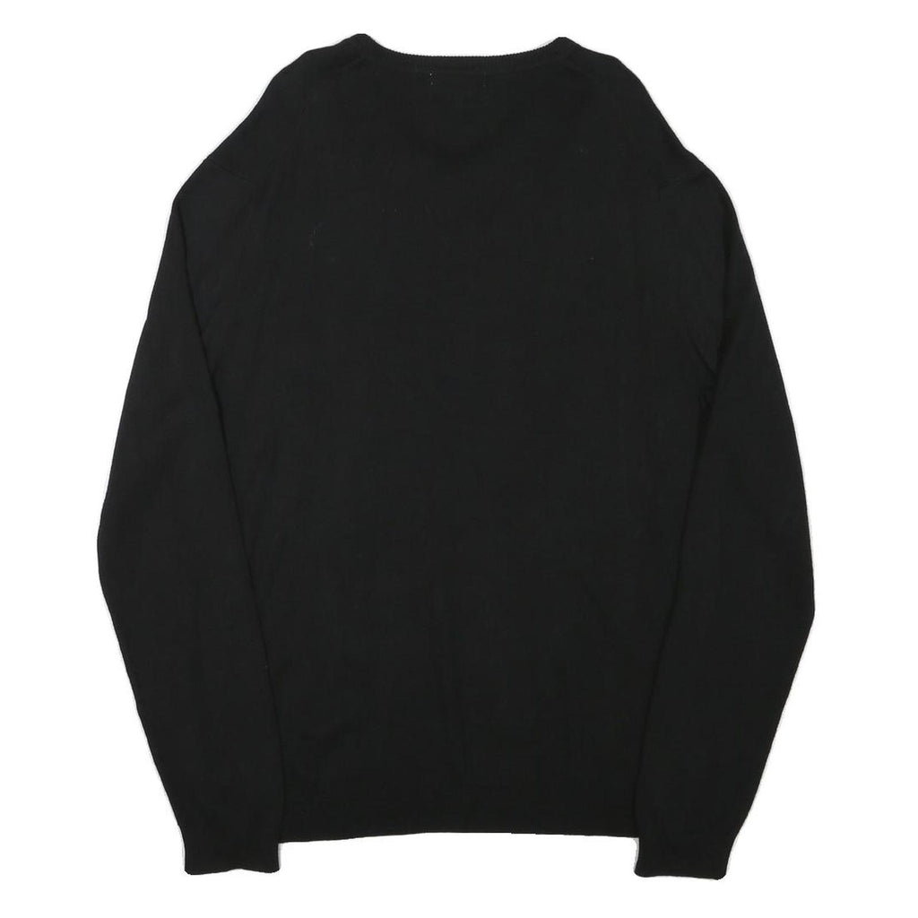 CALVIN KLEIN Mens Black Plain V-Neck Basic Knit Jumper L Cotton Blend Soft