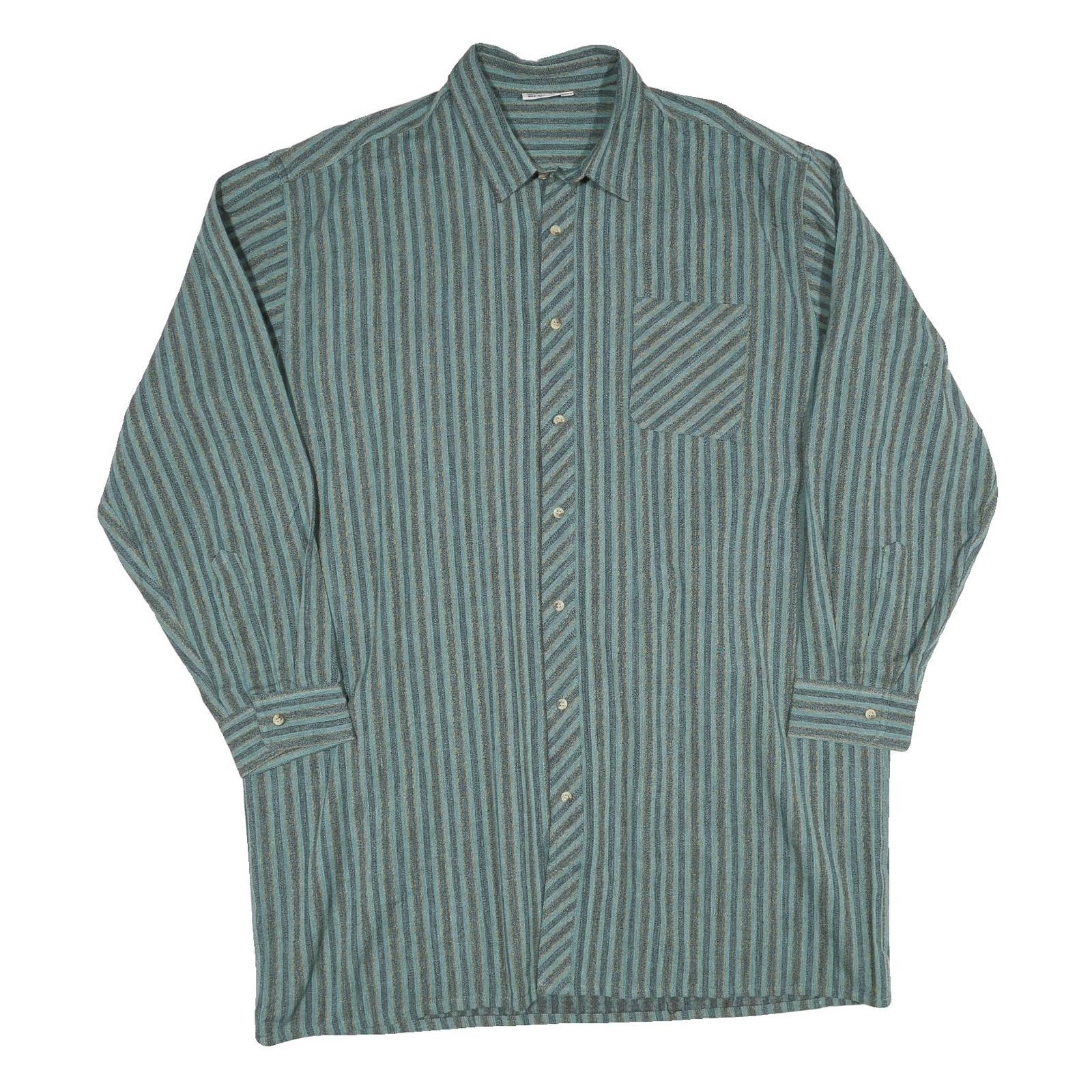Mens Blue & Green Striped Cotton Blend Shirt XL Casual Long Sleeve Front Pocket
