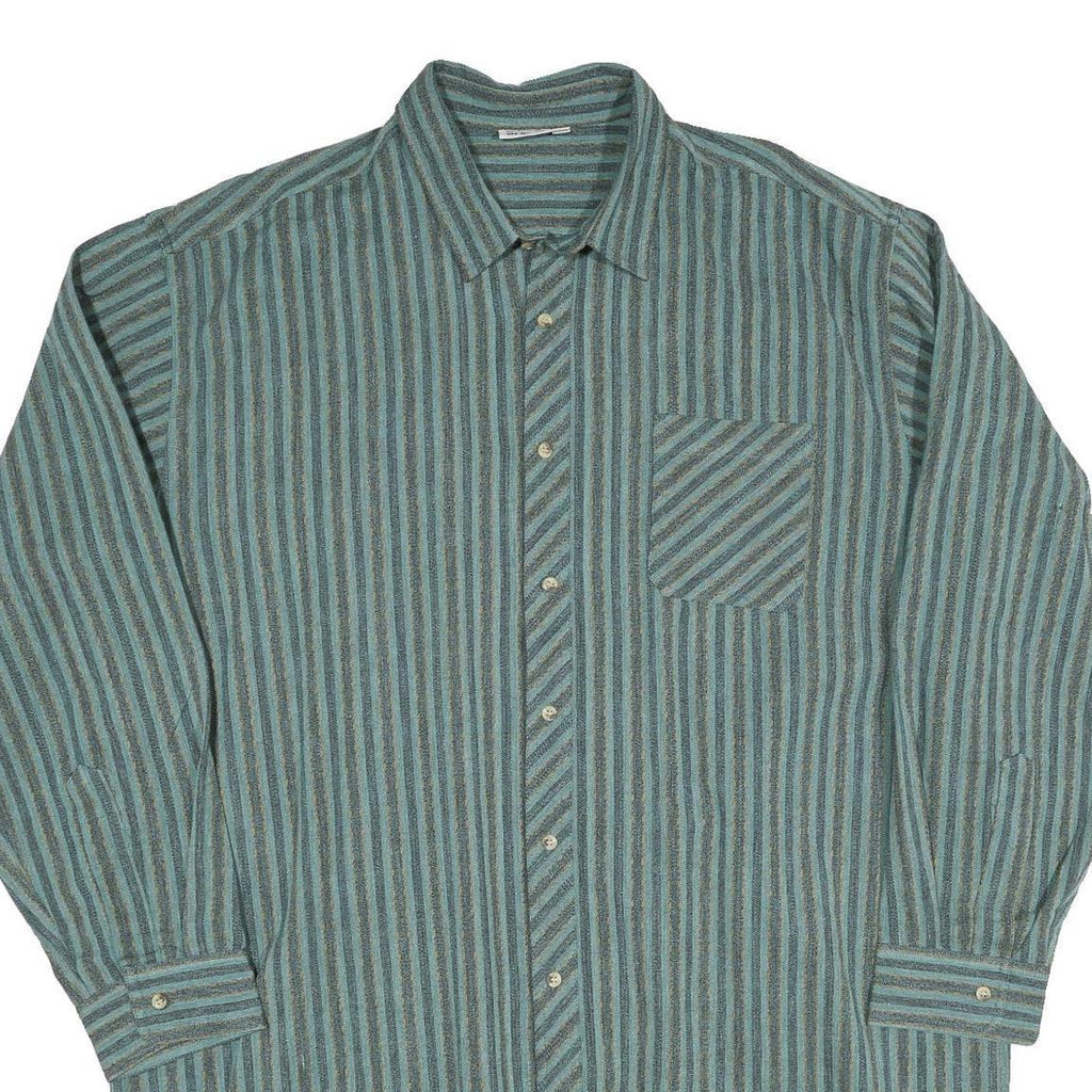 Mens Blue & Green Striped Cotton Blend Shirt XL Casual Long Sleeve Front Pocket