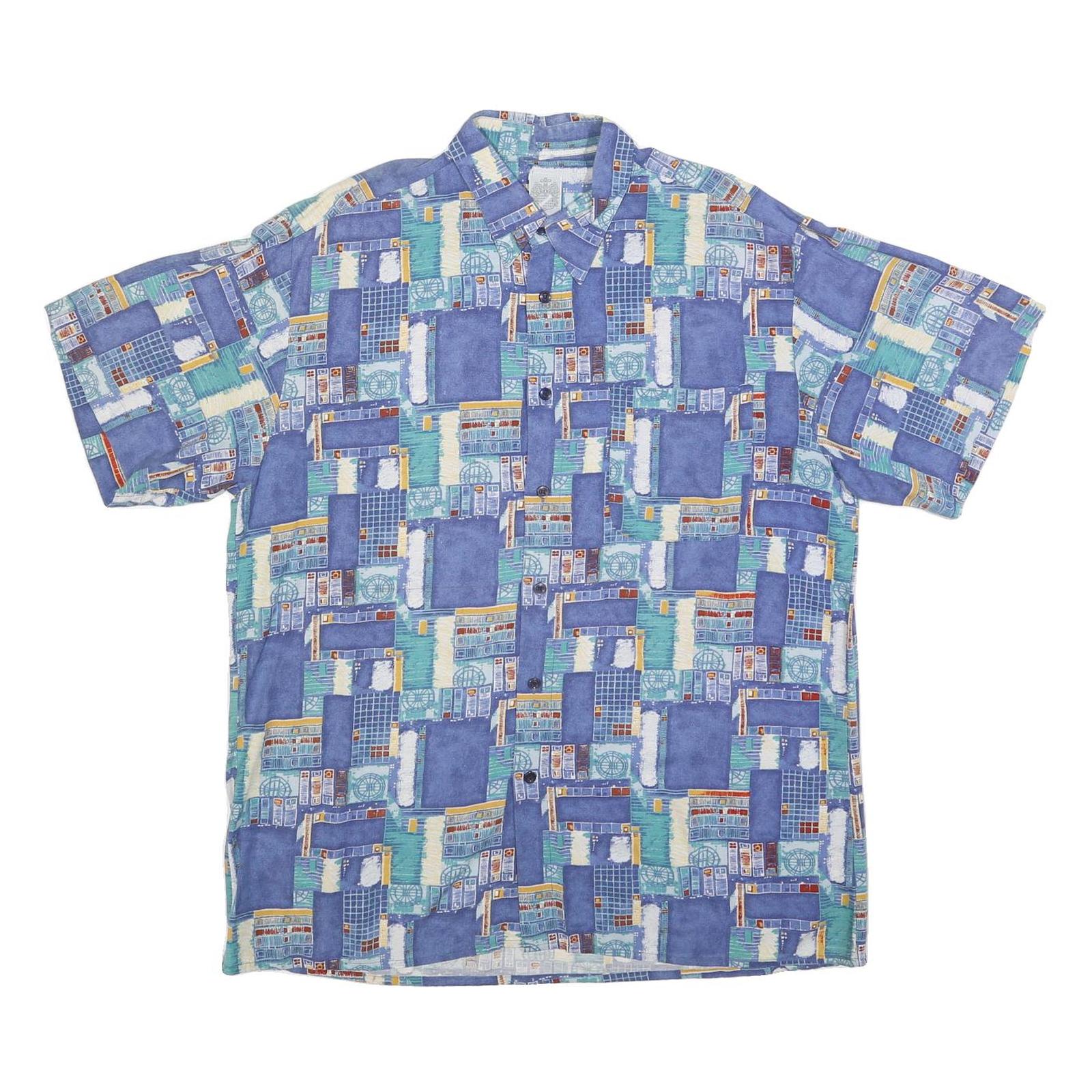 MARSUM Mens Blue Cotton Blend Casual Shirt L Abstract Pattern Short Sleeve