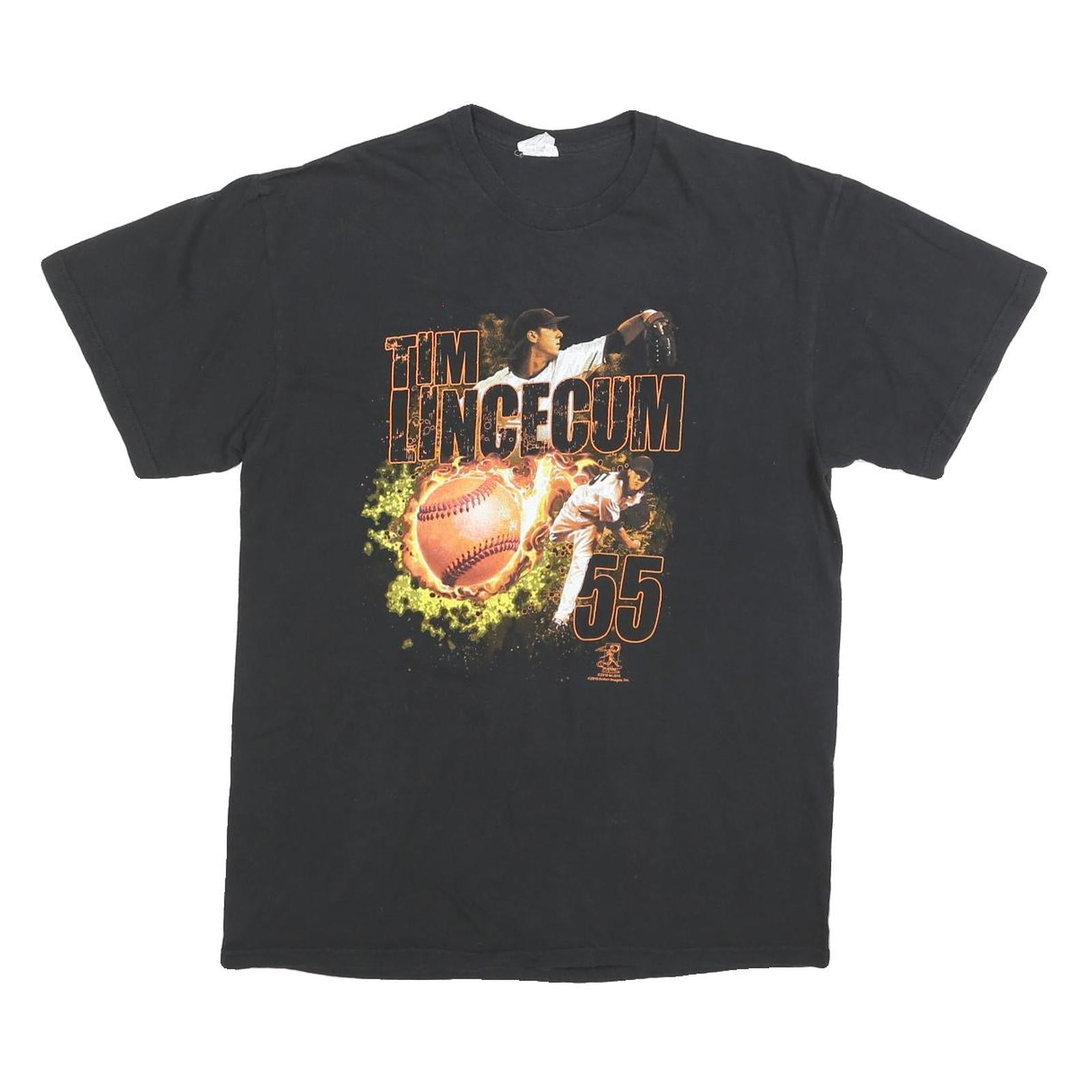 DELTA Mens Black Tim Lincecum Baseball Graphic T-Shirt L Short Sleeve Crew Neck