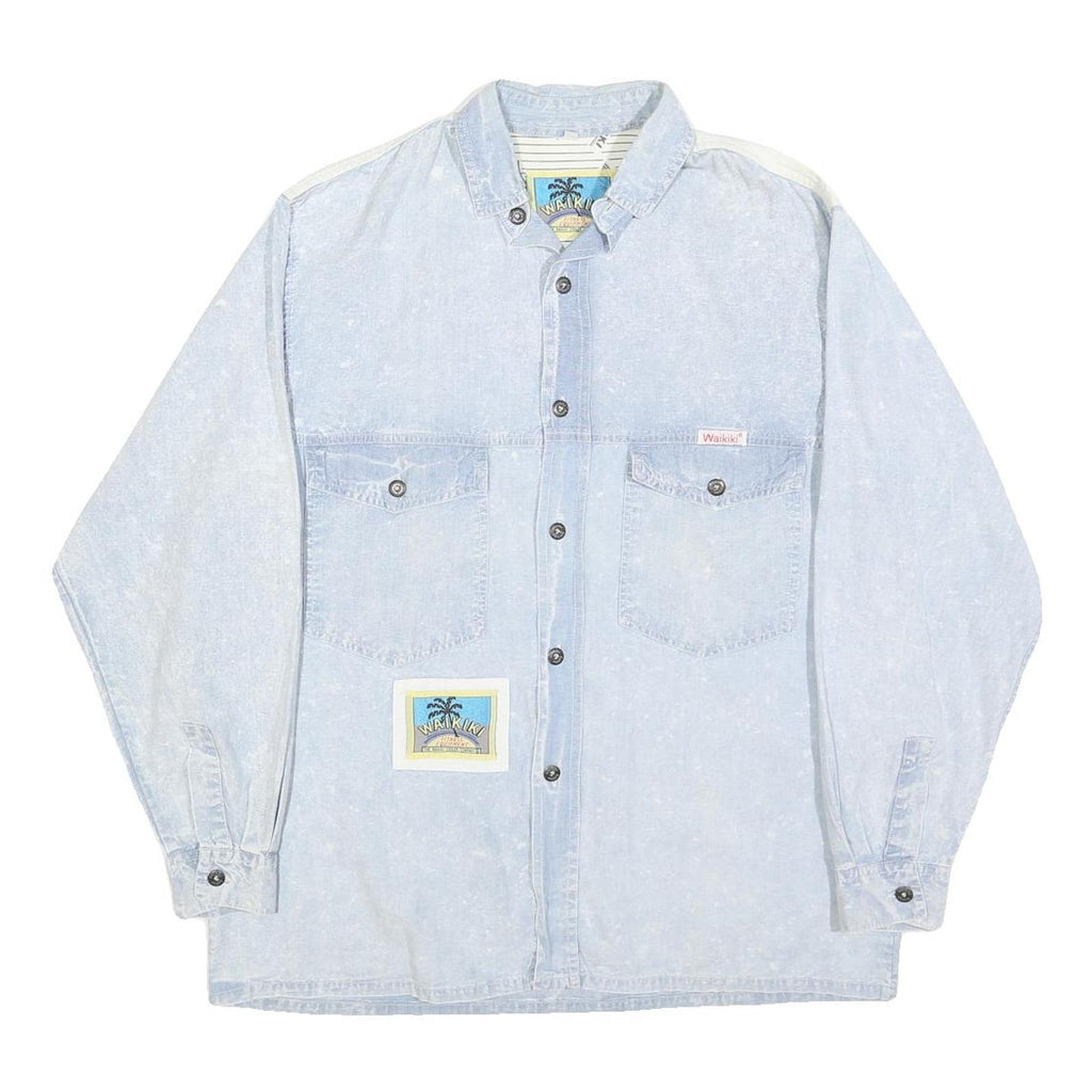 WAIKIKI Mens Blue & Cream Cotton Shirt S Vintage Button Shirt Long Sleeve