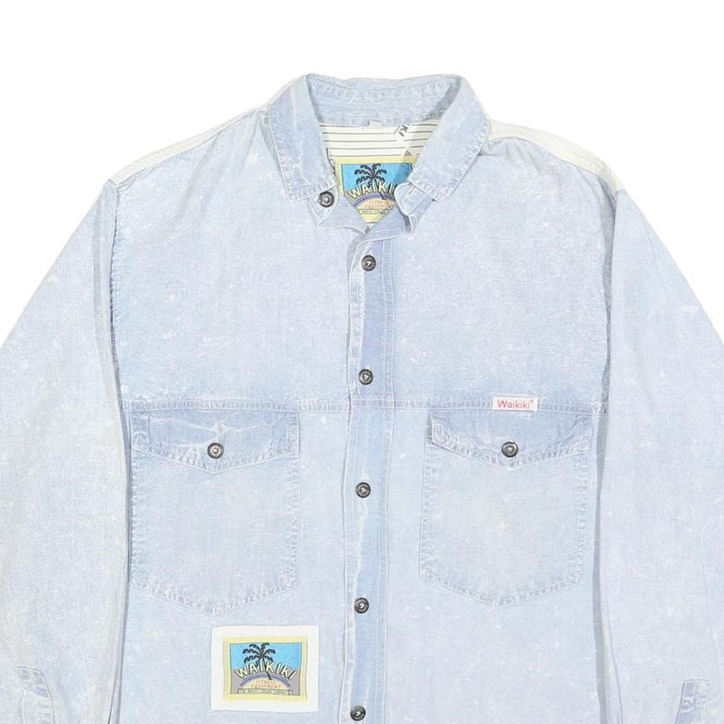 WAIKIKI Mens Blue & Cream Cotton Shirt S Vintage Button Shirt Long Sleeve