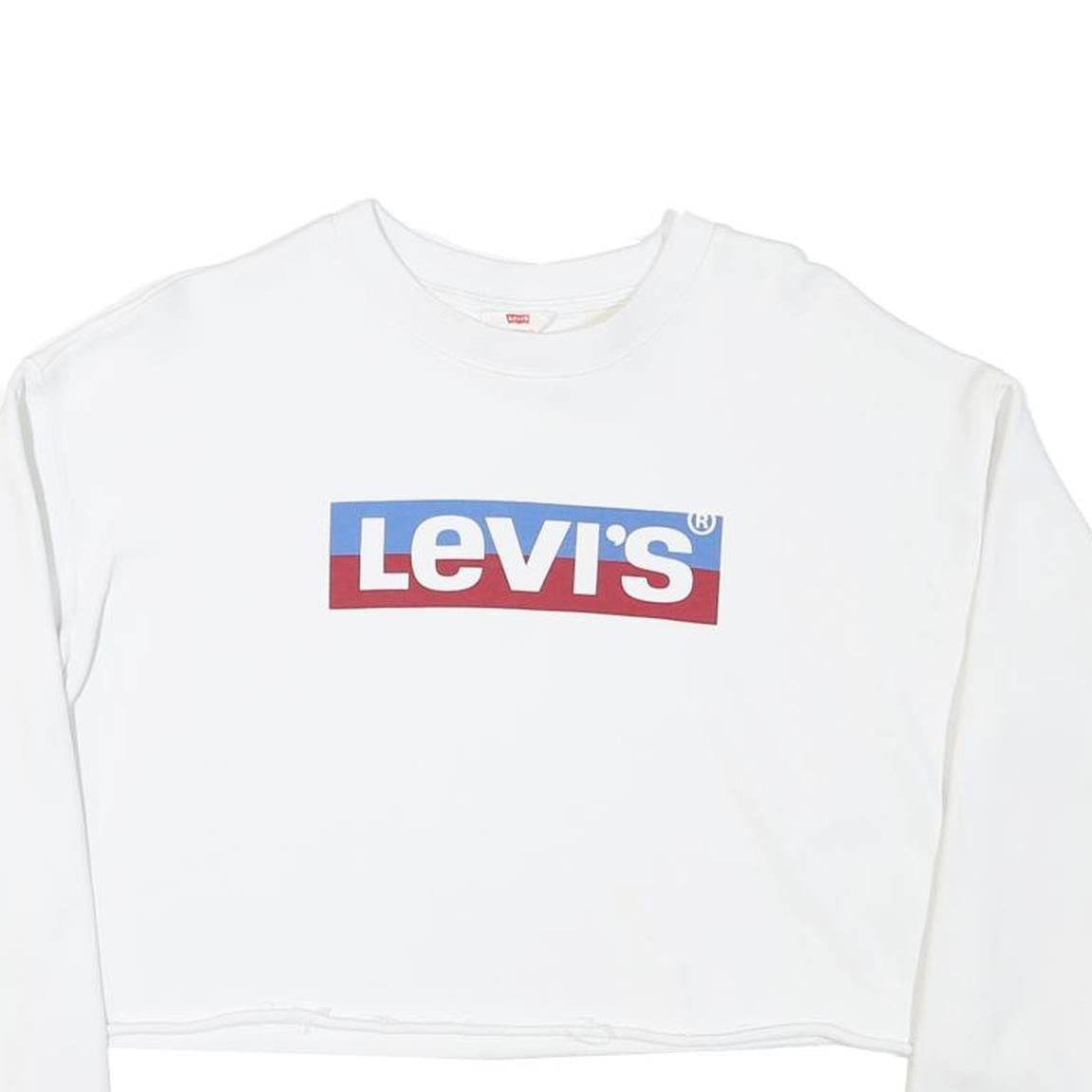 LEVI'S Womens White Sweatshirt XS Crew Neck Cotton Blend Cropped Logo Pullover