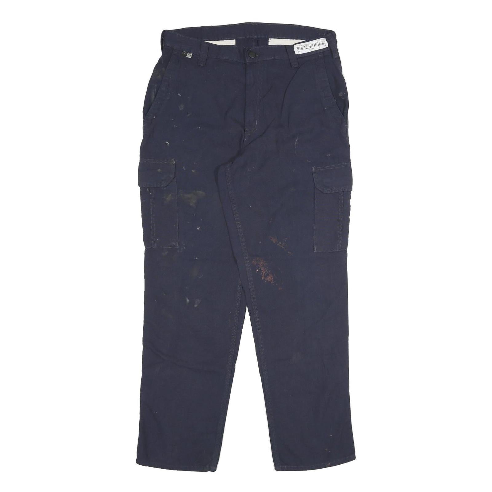 CARHARTT Mens Cotton Blend Navy Regular Cargo Trousers W32 L30 Workwear Zip