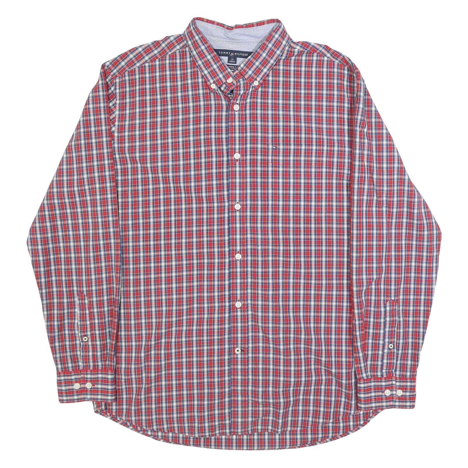 TOMMY HILFIGER Mens Red Blue White Check Shirt L Classic Button-Down Long Sleeve