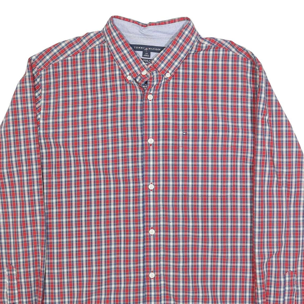 TOMMY HILFIGER Mens Red Blue White Check Shirt L Classic Button-Down Long Sleeve
