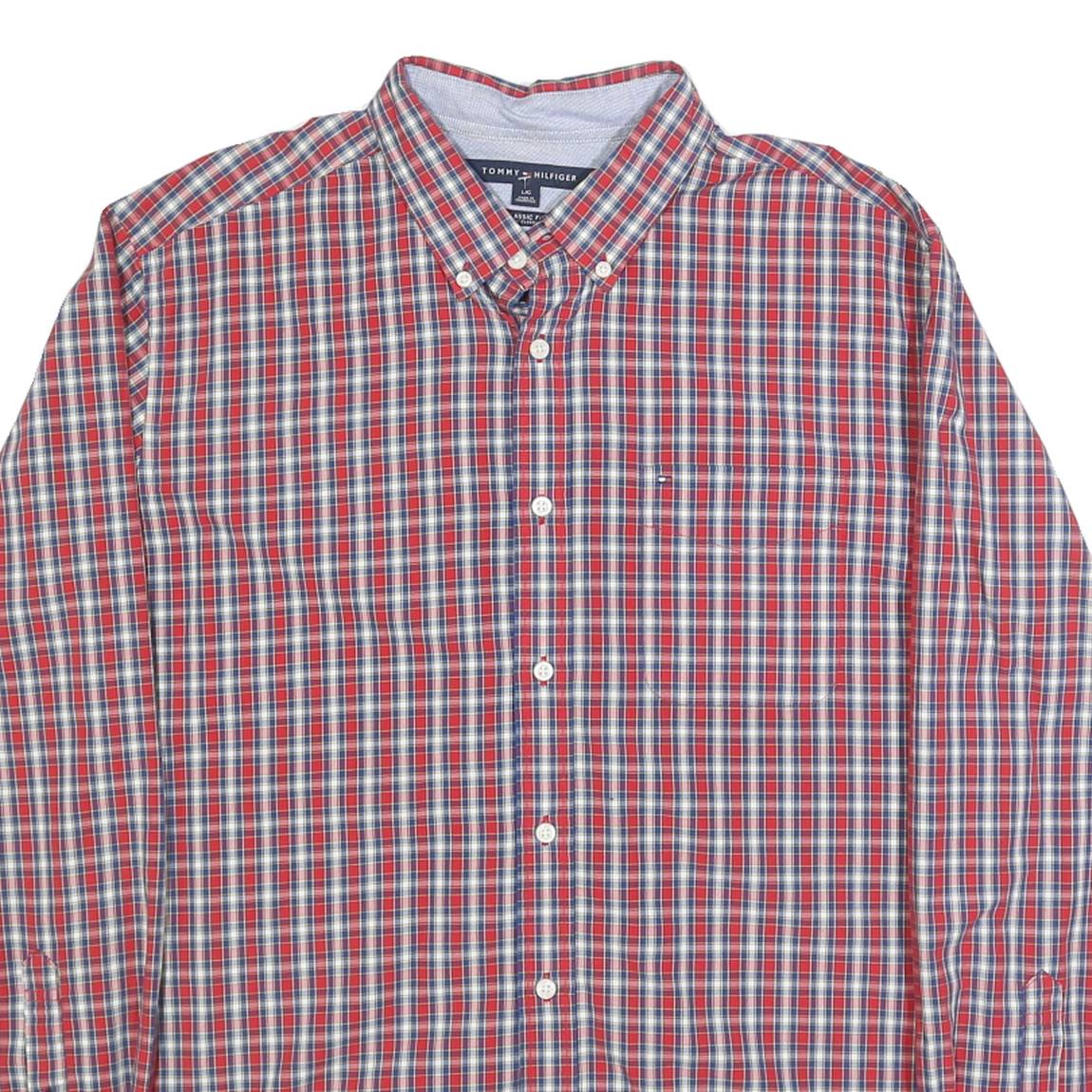 TOMMY HILFIGER Mens Red Blue White Check Shirt L Classic Button-Down Long Sleeve