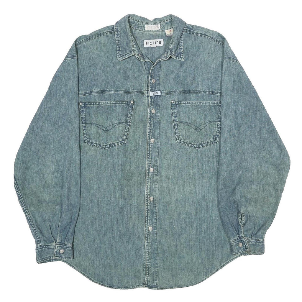 FISSION Mens Blue Denim Shirt XL Classic Cotton Long Sleeve Workwear