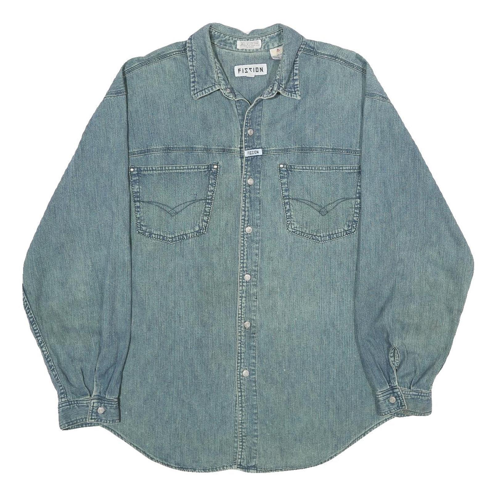 FISSION Mens Blue Denim Shirt XL Classic Cotton Long Sleeve Workwear