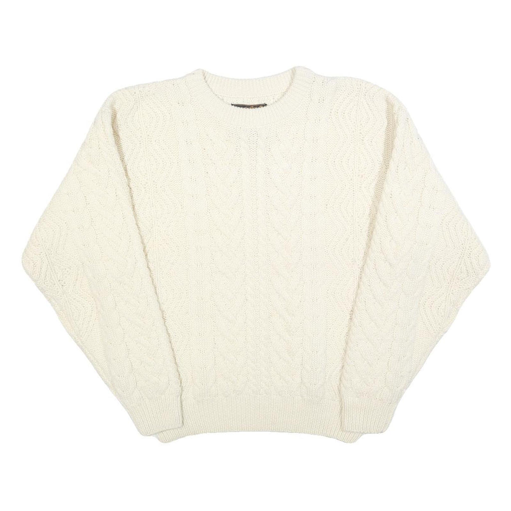 EDDIE BAUER Womens Cream Plain Wool Cable Knit Crew Neck Jumper M Soft Warm