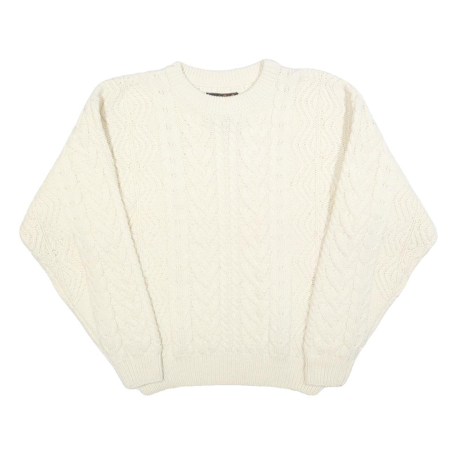 EDDIE BAUER Womens Cream Plain Wool Cable Knit Crew Neck Jumper M Soft Warm