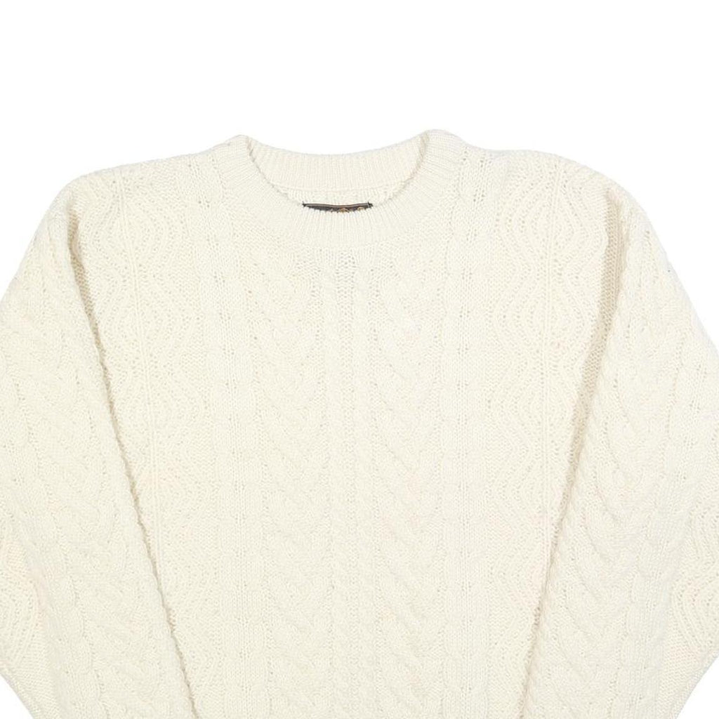 EDDIE BAUER Womens Cream Plain Wool Cable Knit Crew Neck Jumper M Soft Warm