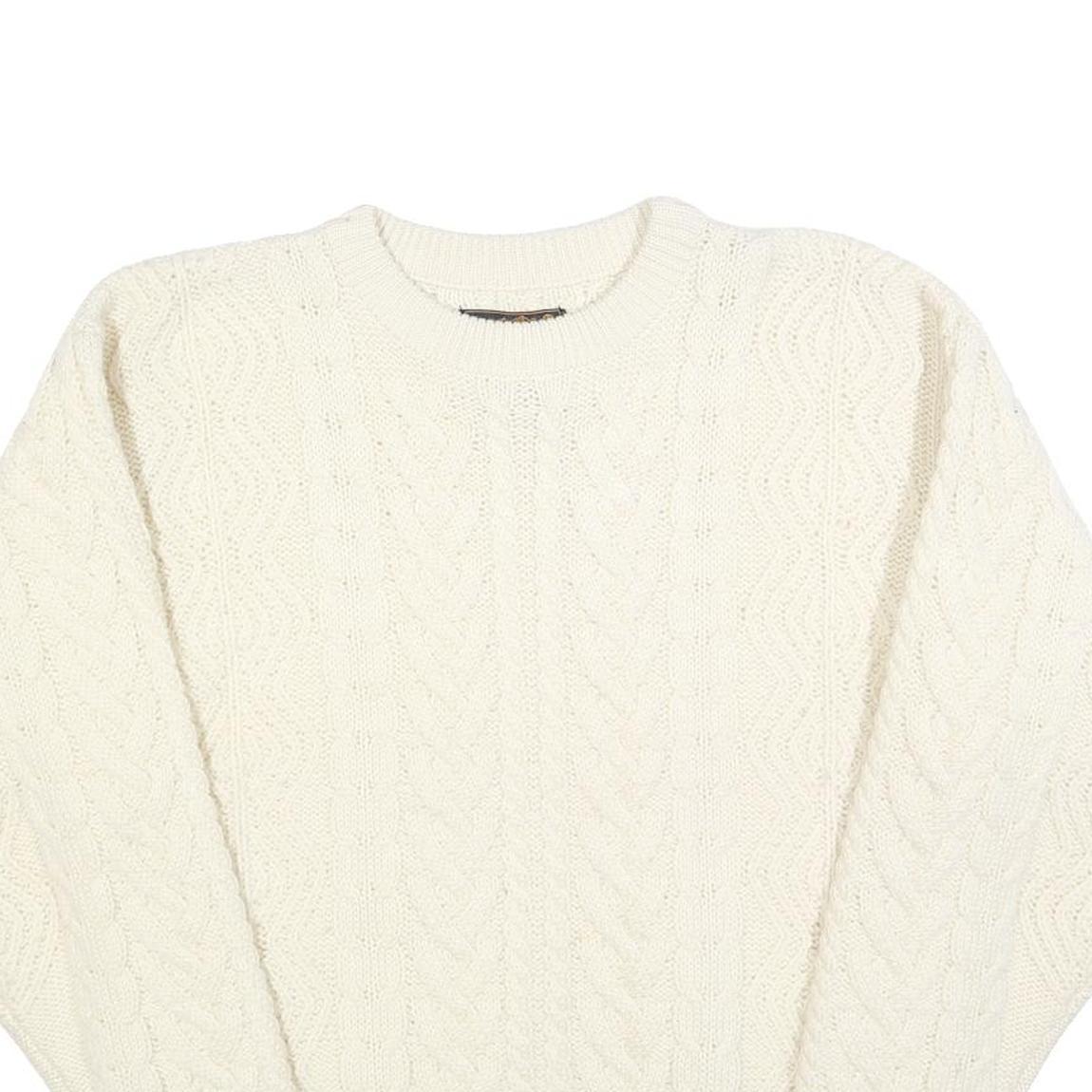 EDDIE BAUER Womens Cream Plain Wool Cable Knit Crew Neck Jumper M Soft Warm