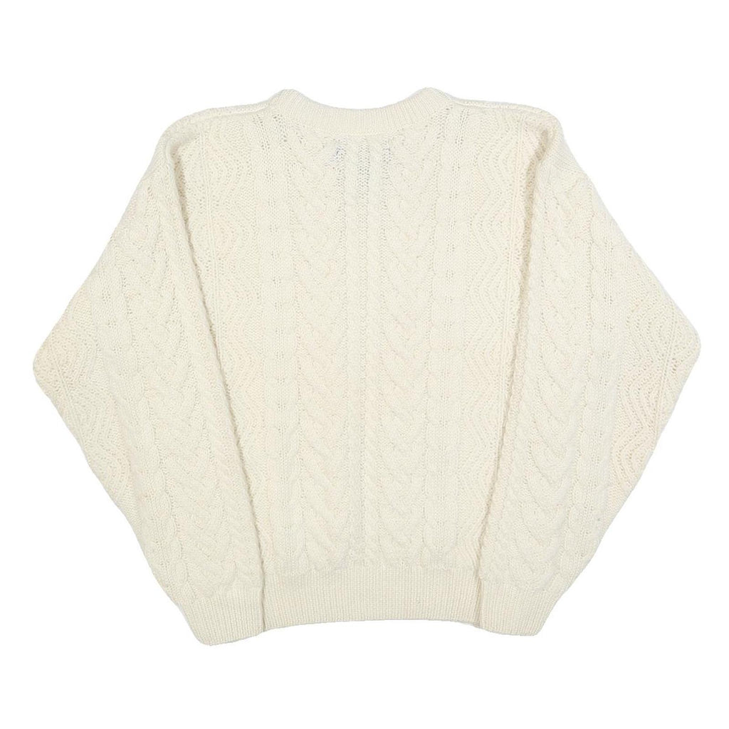 EDDIE BAUER Womens Cream Plain Wool Cable Knit Crew Neck Jumper M Soft Warm