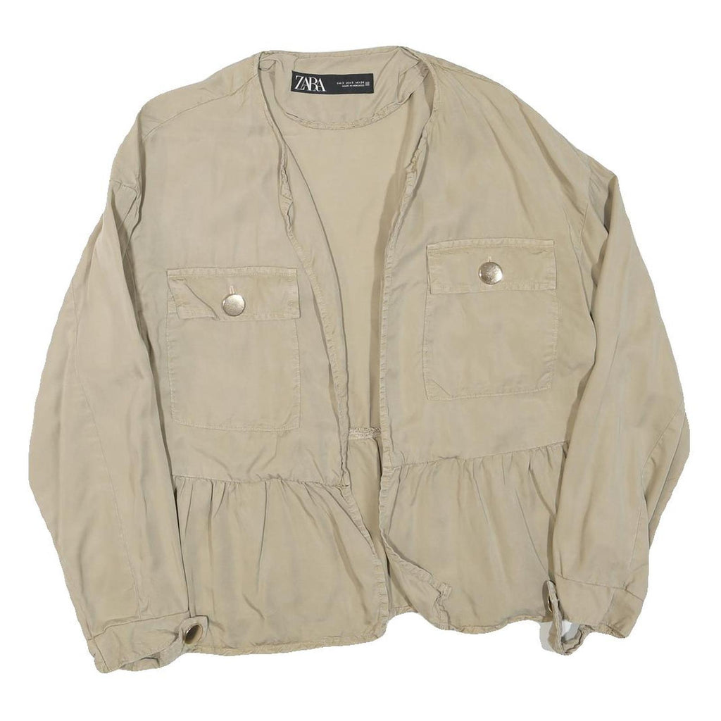 ZARA Womens Beige Cotton Blend Casual Basic Long Sleeve Round Neck S Top