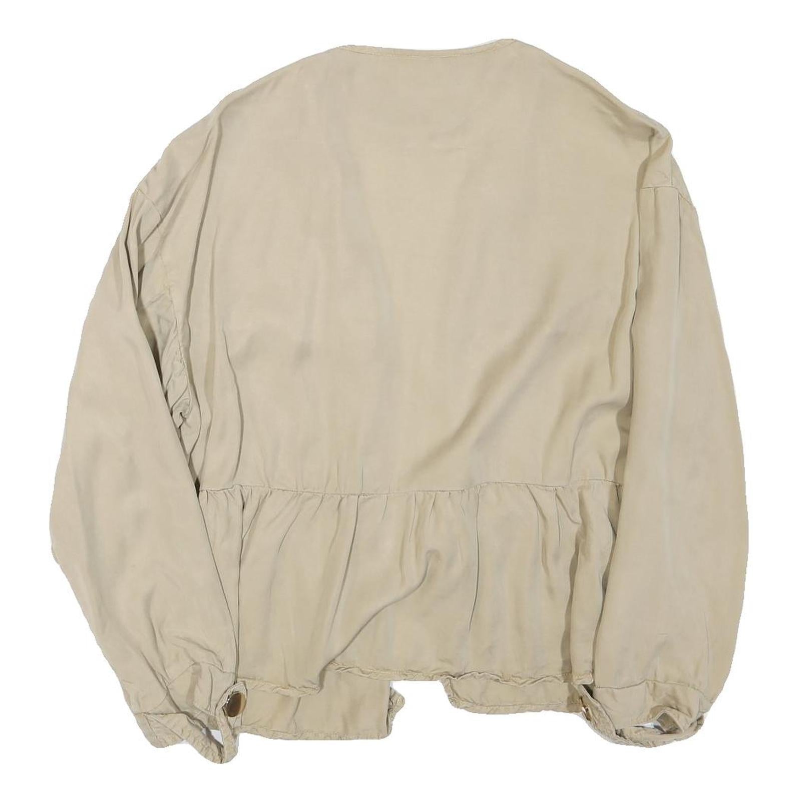 ZARA Womens Beige Cotton Blend Casual Basic Long Sleeve Round Neck S Top