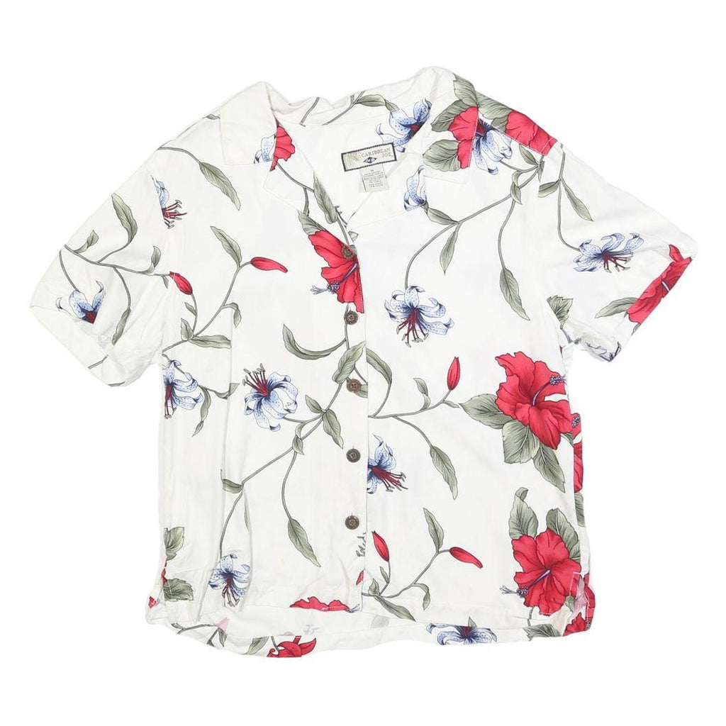 CARIBBEAN JOE Womens White & Red Floral Printed Shirt Short Sleeve Collared M