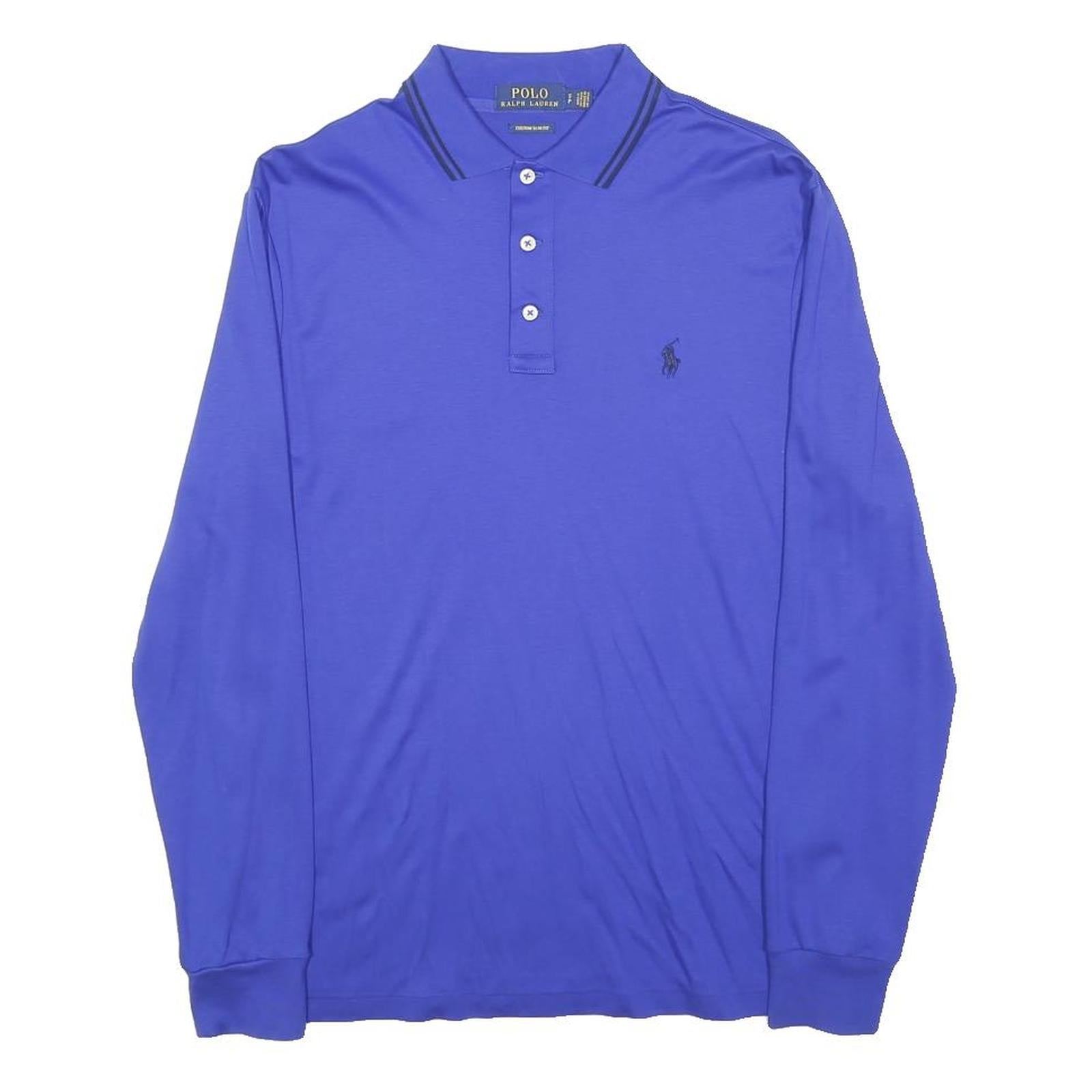 POLO RALPH LAUREN Mens Blue Long Sleeve Plain S Polo Shirt Cotton Classic