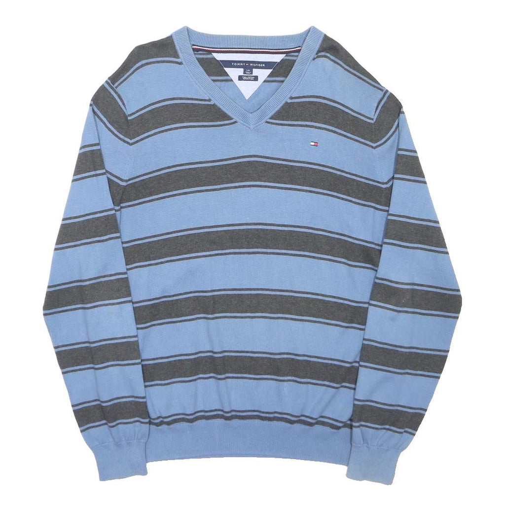 TOMMY HILFIGER Mens Blue & Grey Patterned V Neck Basic Knit Jumper L Cotton