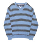 TOMMY HILFIGER Mens Blue & Grey Patterned V Neck Basic Knit Jumper L Cotton