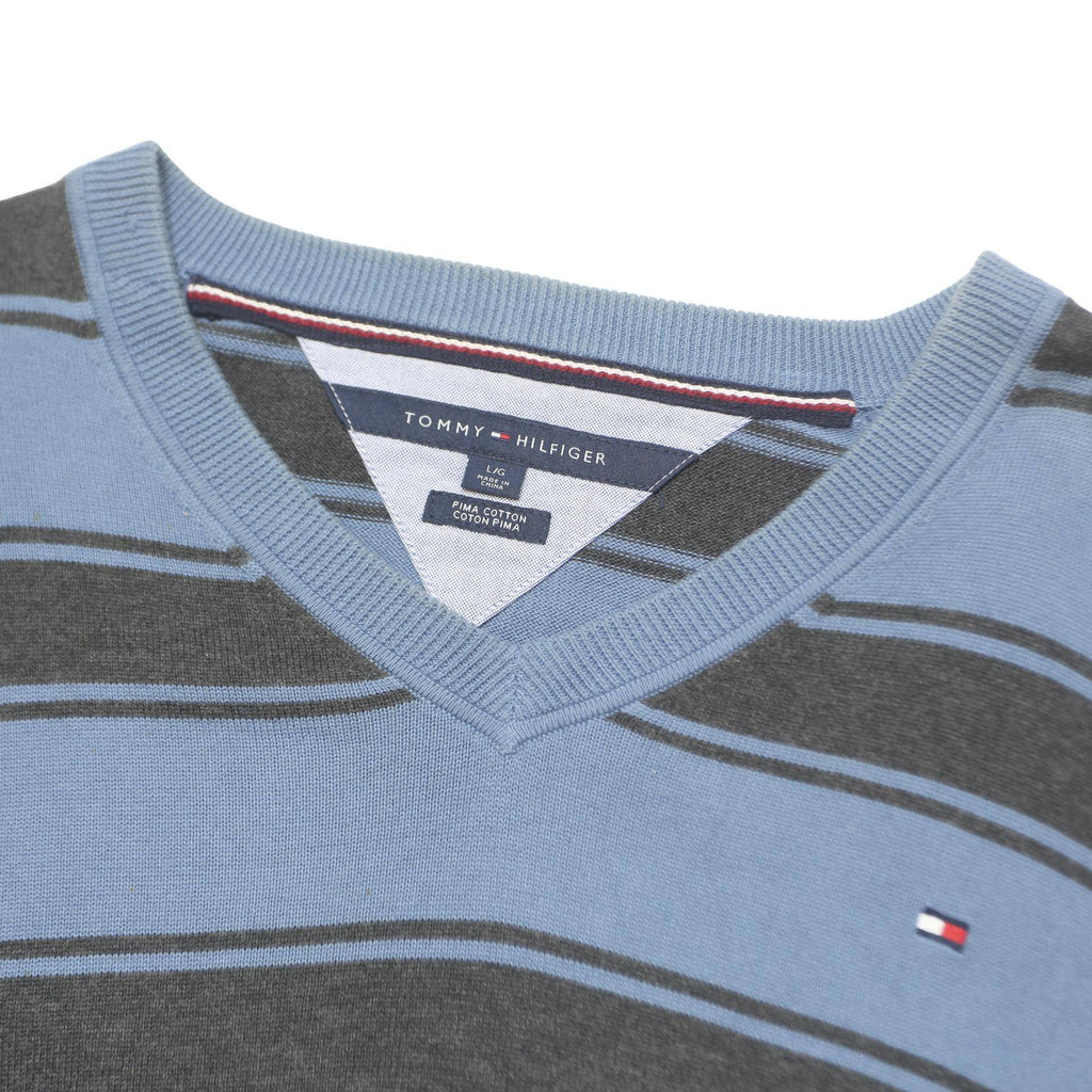 TOMMY HILFIGER Mens Blue & Grey Patterned V Neck Basic Knit Jumper L Cotton