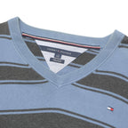 TOMMY HILFIGER Mens Blue & Grey Patterned V Neck Basic Knit Jumper L Cotton
