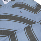 TOMMY HILFIGER Mens Blue & Grey Patterned V Neck Basic Knit Jumper L Cotton